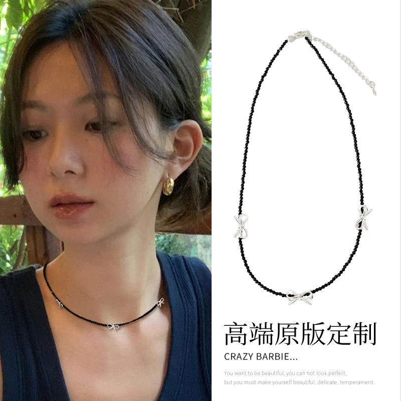 铁合金仿水晶项链 fever高档黑色蝴蝶结项链女韩国ins锁骨链小众