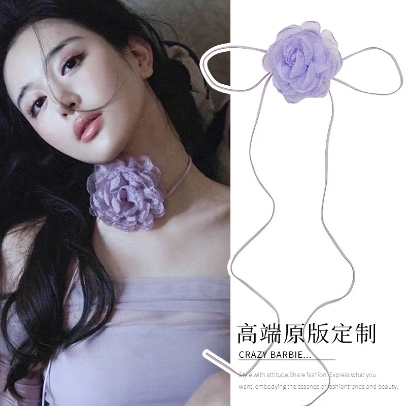 非金属布艺项链 紫色花朵项链绑带锁骨choker颈链 小众超仙项圈潮