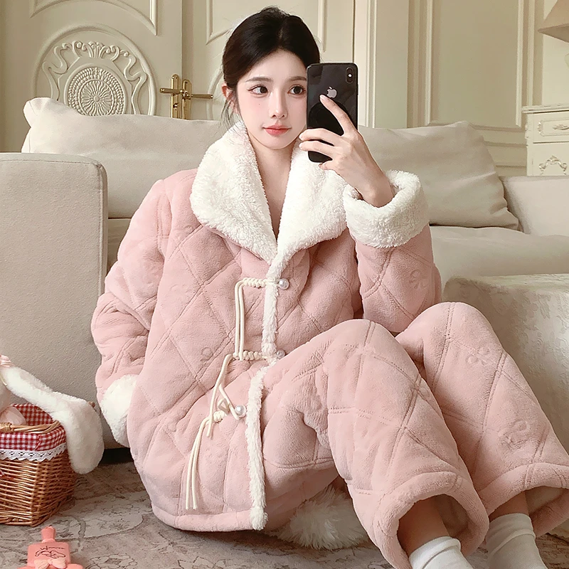 三层夹棉珊瑚绒睡衣冬季加绒特厚抗寒国风套装可外穿家居服耐脏