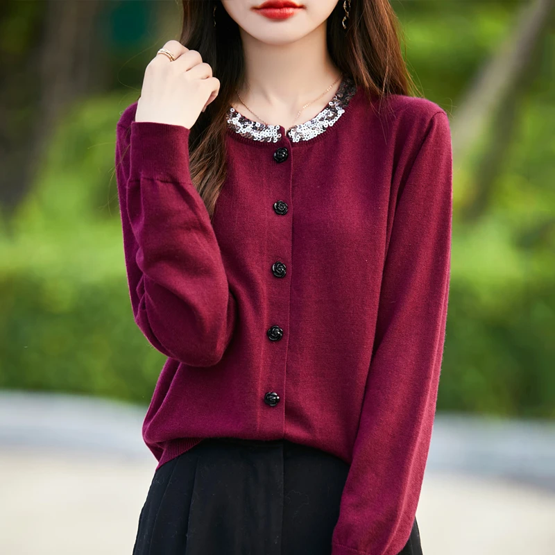 重工轻奢感领片圆领羊毛针织开衫女短款外套毛衣气质通勤外搭上衣