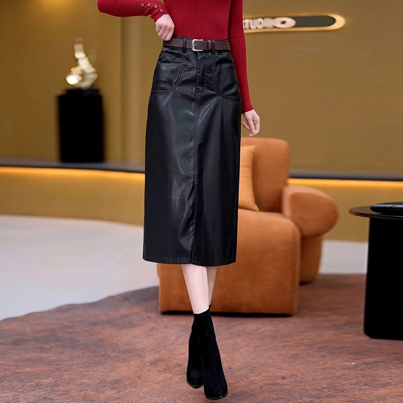 春秋冬季裙子2024新款pu皮裙半身裙高腰中长款直筒一步包臀裙长裙
