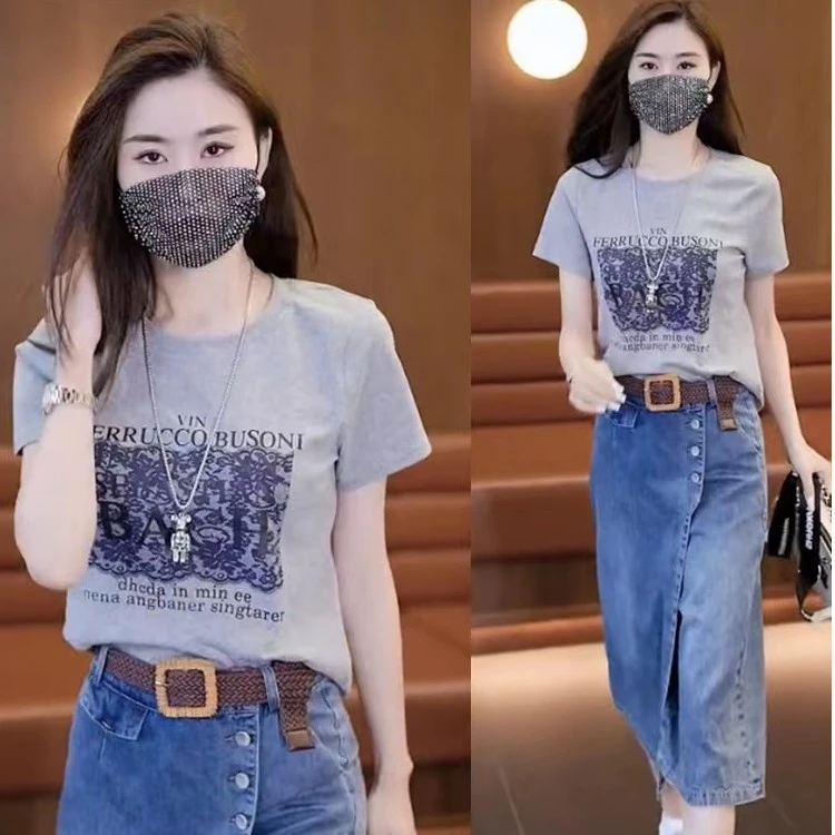 夏季时尚减龄套装女短袖T恤高腰显瘦包臀牛仔半身裙两件套潮休闲