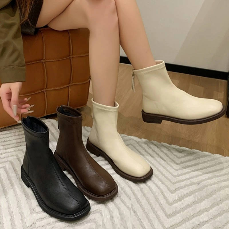复古短靴女2024年秋冬新款加绒女士瘦瘦靴软皮时尚韩系平底马丁靴