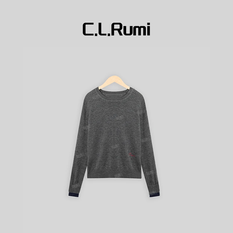 【Rumi女装】中古拼色 刺绣字母圆领长袖针织上衣6140my