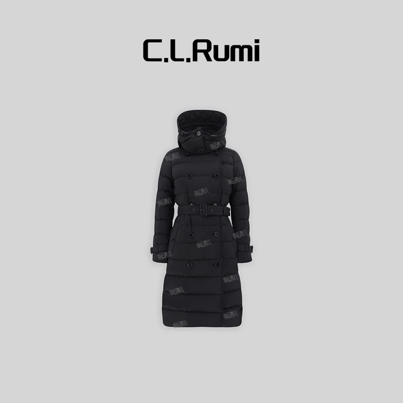 【燕子优选】“黑绷带”轻奢女士双排扣连帽中长款羽绒服外套6312wt