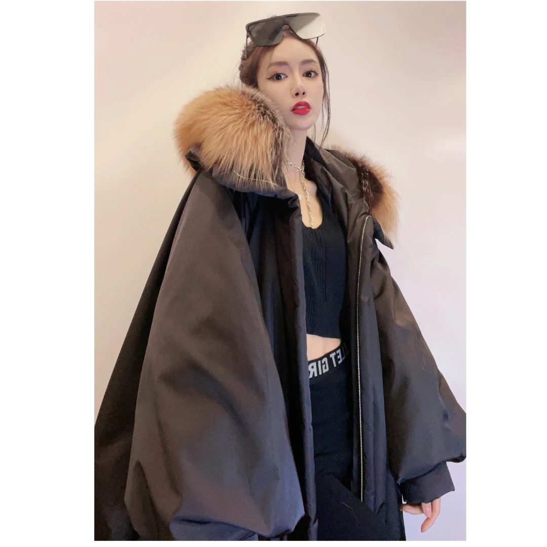 YJ【邢邢推荐】鹅绒女外套55077加厚冬季连帽秋冬大毛领百搭中长款