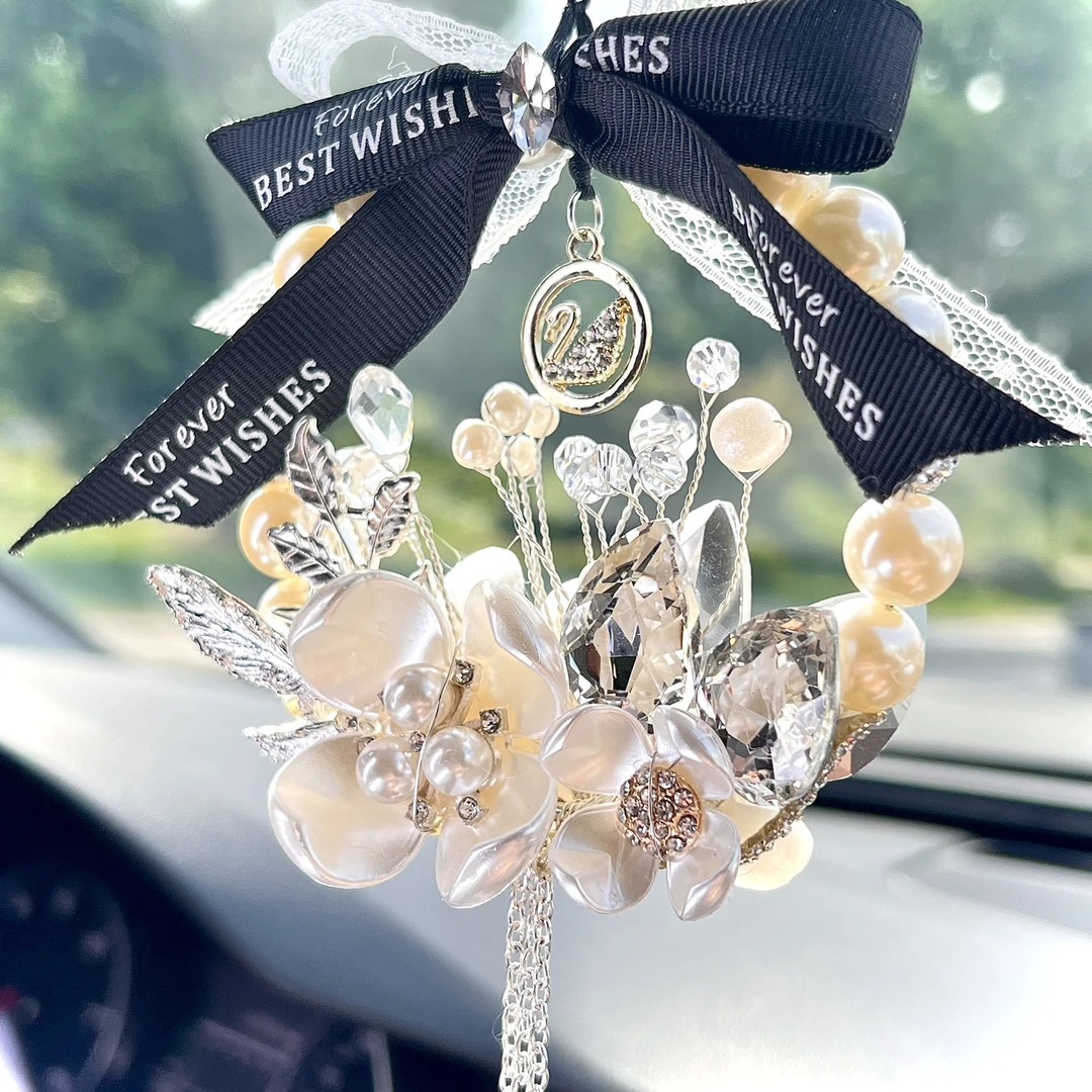 【宫廷簪花】珍珠簪花水晶挂饰天鹅牌汽车后视镜装饰车女神轻奢款式