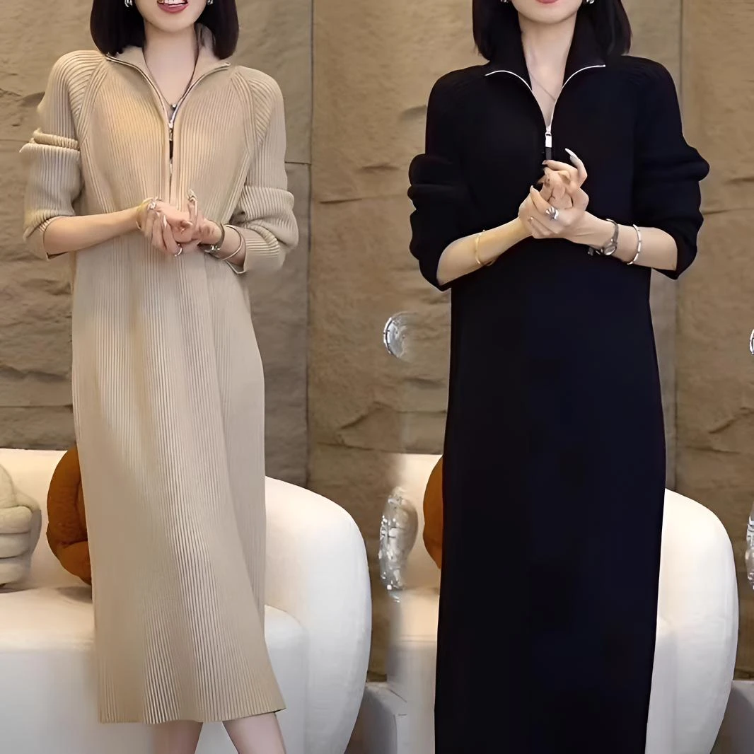 高领半拉链毛衣裙女秋冬新款软糯加厚内搭配大衣中长款宽松连衣裙