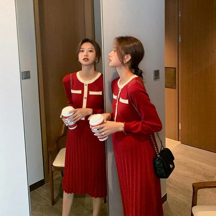 孕妇装秋装大小姐~时髦小香2023两色入长袖针织内搭连衣裙秋