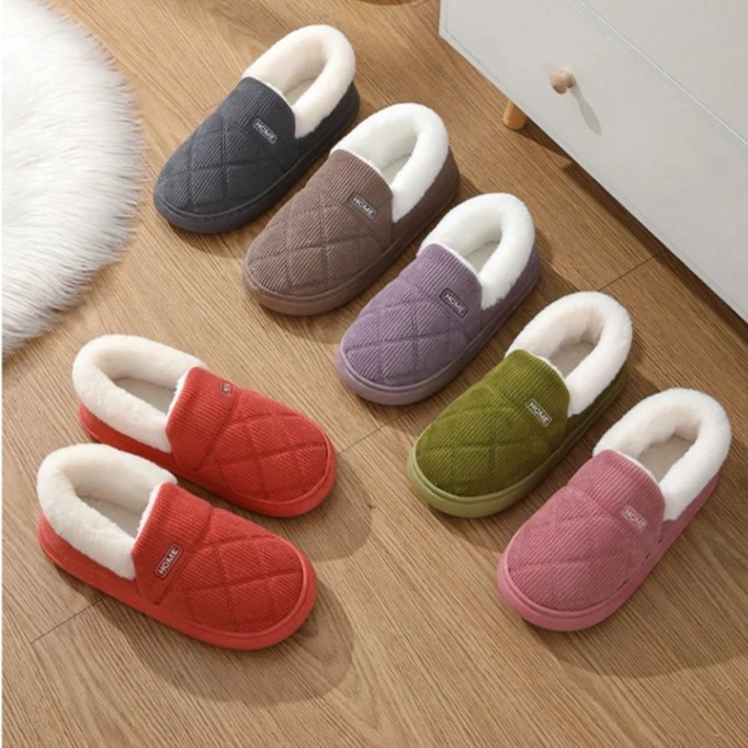 瑞恪灯芯绒升级加厚软底防滑包跟居家情侣冬天厚底加绒棉拖鞋女男