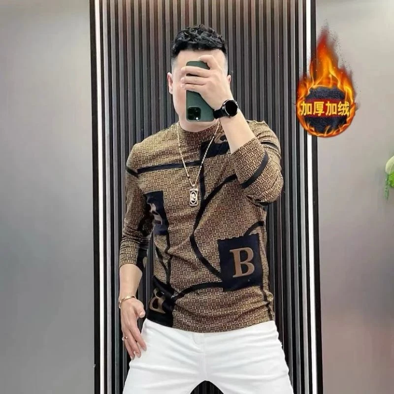 2024秋冬双面绒打底男士长袖打底衫网红印花修身圆领套头卫衣上衣