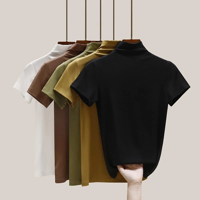 黑色温柔半高领螺纹短袖T恤女新款修身显瘦韩版洋气上衣小众女装