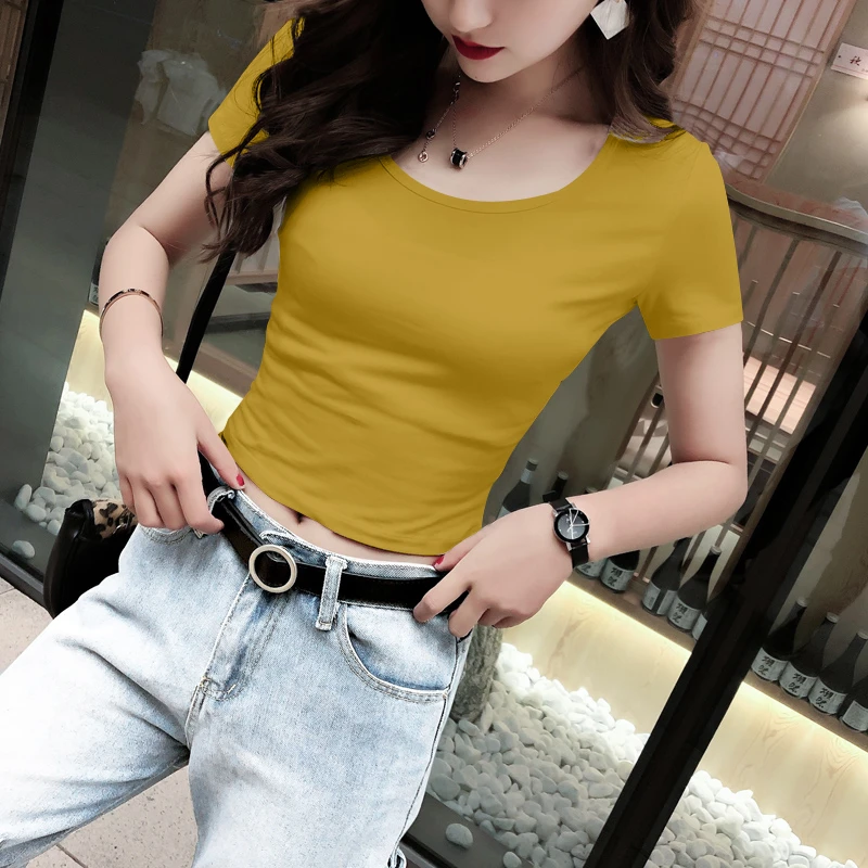 姜黄色短款莫代尔短袖T恤女洋气夏冰丝薄款小个子高腰上衣春游