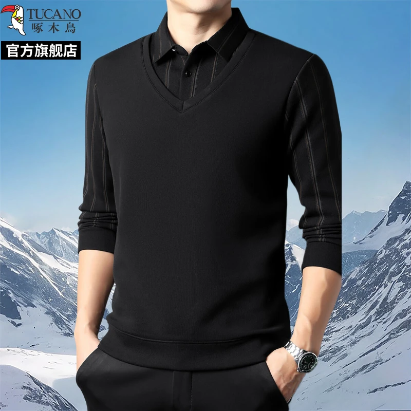 啄木鸟秋冬季新款男士t恤假两件韩版翻领长袖条纹polo衫男款T恤