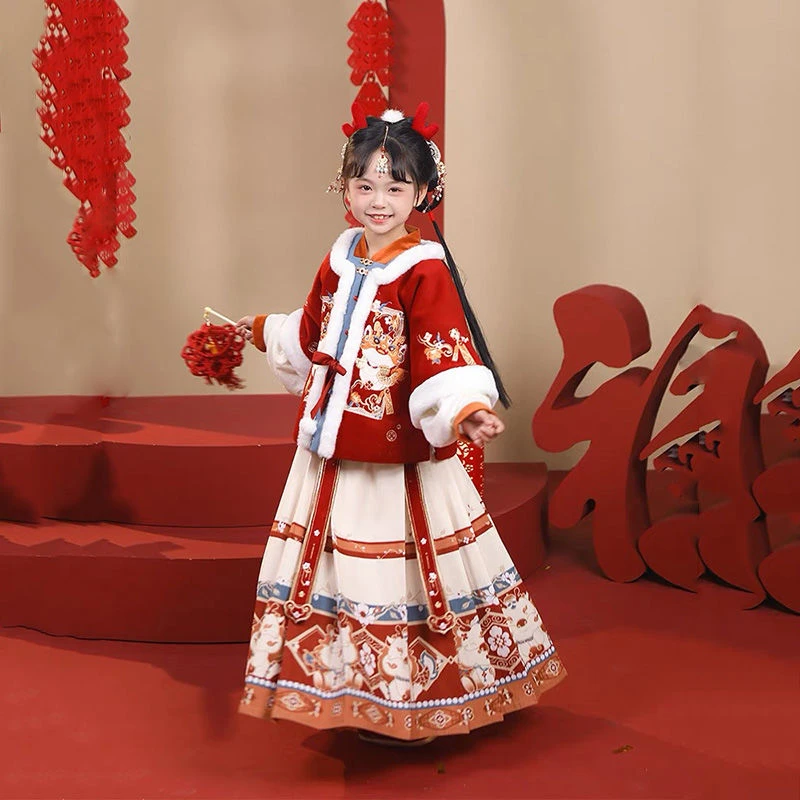 女童拜年服套装冬款加厚儿童马面裙古装汉服唐装国风冬季过年新款