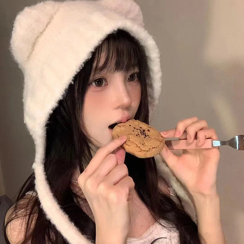 小熊耳朵帽子女秋冬季2023新款百搭保暖可爱毛线针织帽护耳毛绒帽