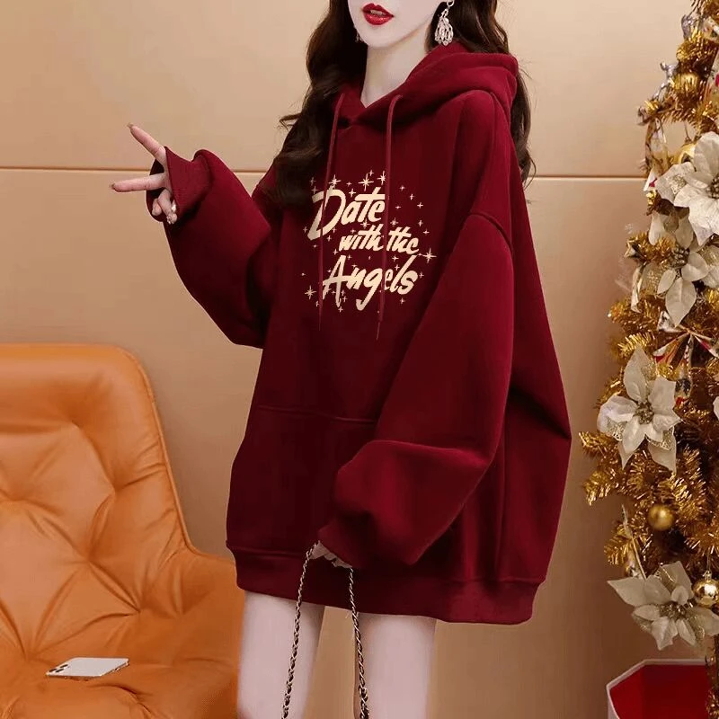 酒红色中长款加绒加厚连帽卫衣女2025新款秋冬韩版宽松设计感外套