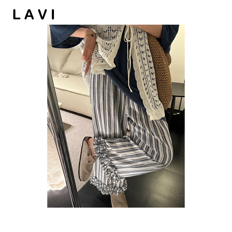 云边小卖部 花褶设计莫兰迪条纹九分裤 K2956