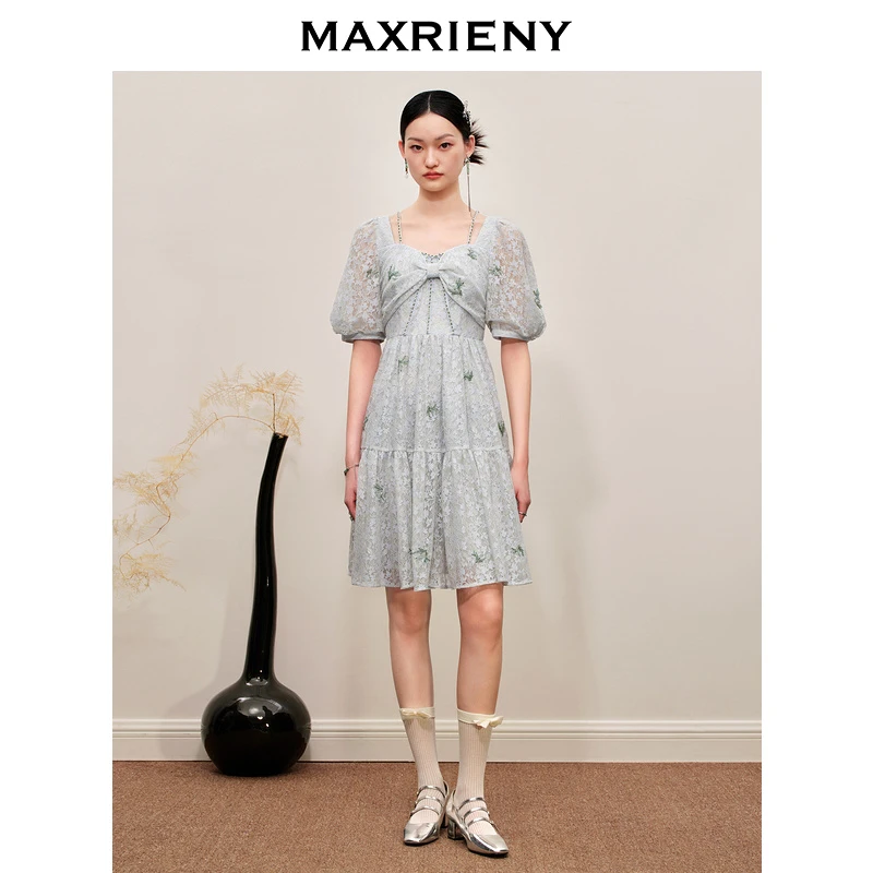 MAXRIENY【商场同款】新款百搭显瘦连衣裙蕾丝绣花法式连衣裙森系