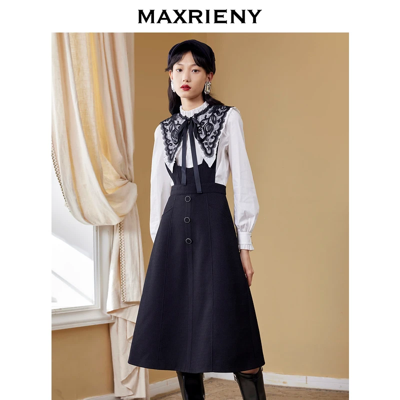 MAXRIENY复古A字公主裙秋季华夫格伞摆背带短裙