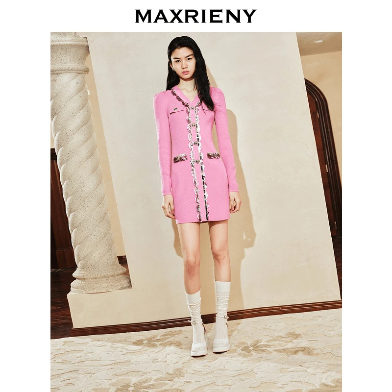 MAXRIENYMAXRIENYKitty粉v领小香连衣裙裙子女