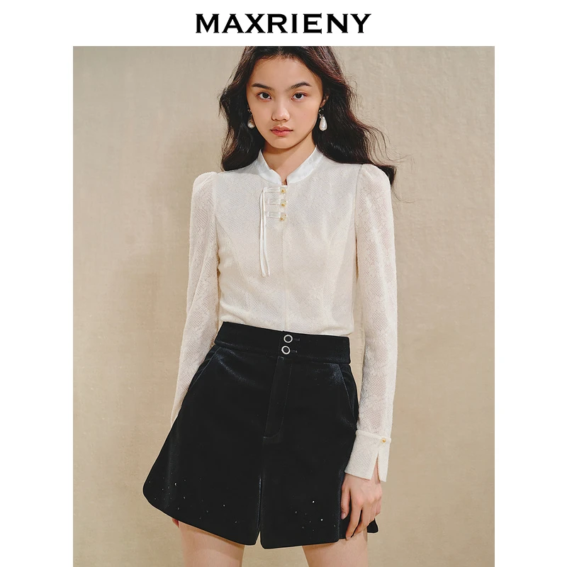 MAXRIENY2024新中式蕾丝衬衫收腰设计感复古长袖上衣女装