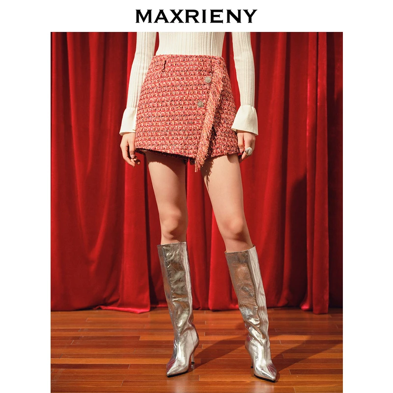 MAXRIENY【商场同款】新年小香风半裙华丽复古小香流苏裙裤冬款