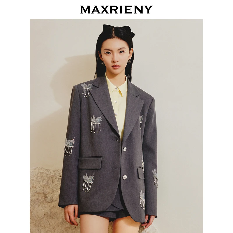 MAXRIENY精致设计感通勤风廓形西服钻链外套女春