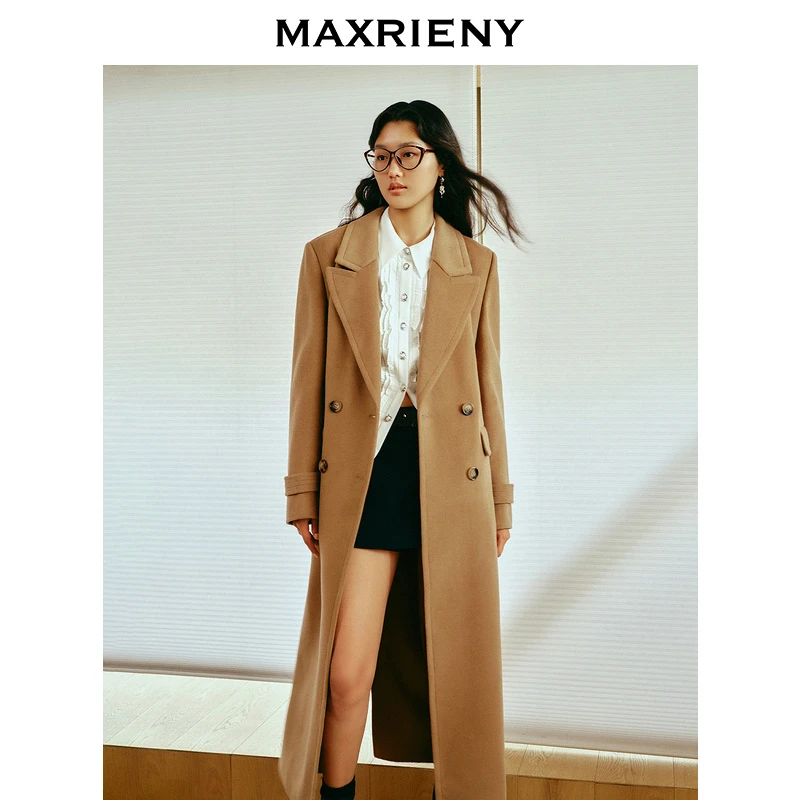 MAXRIENY【商场同款】率性复古外套长款冬款羊毛混纺直身过膝大衣女