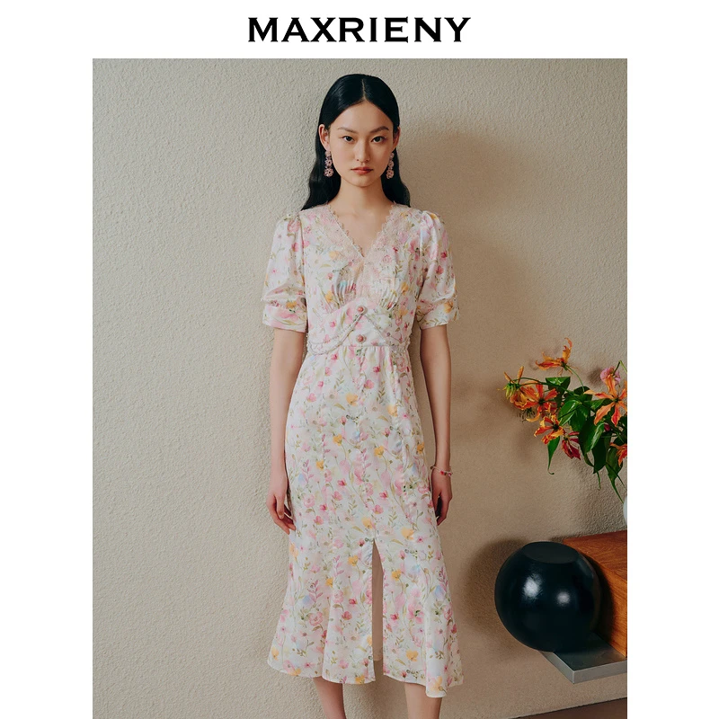 MAXRIENY欧式田园风郁金香连衣裙多巴胺碎花裙子夏女装连衣裙气质