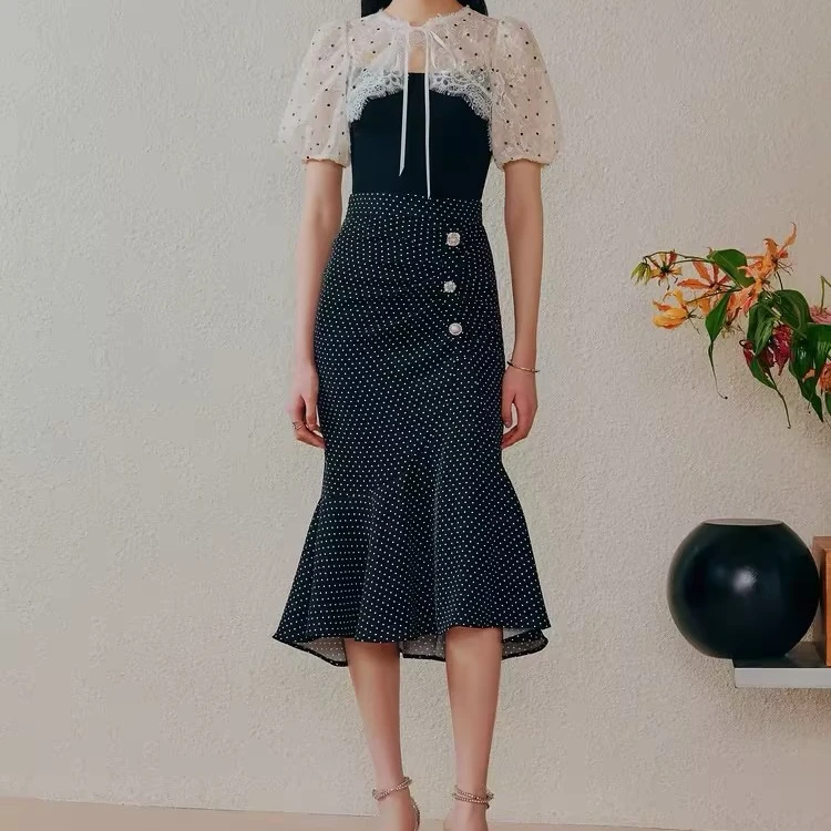 MAXRIENY浪漫复古氛围感赫本风波点鱼尾裙包臀半身裙薄荷曼波