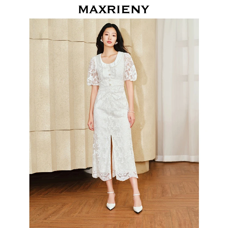 MAXRIENY优雅复古感钉珠领连衣裙开衩裙子仙女长裙