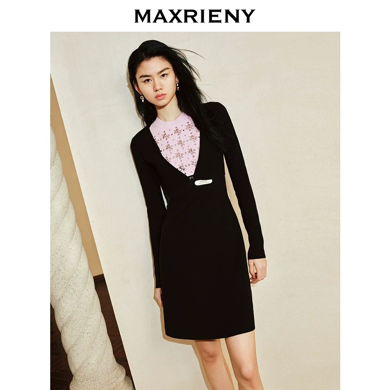 MAXRIENY【商场同款-都市华丽日常】菱格马赛克烫钻连衣裙两件套