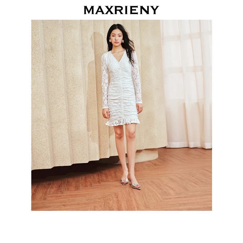 MAXRIENY精致复古感抽褶亮片蕾丝连衣裙修身v领裙子