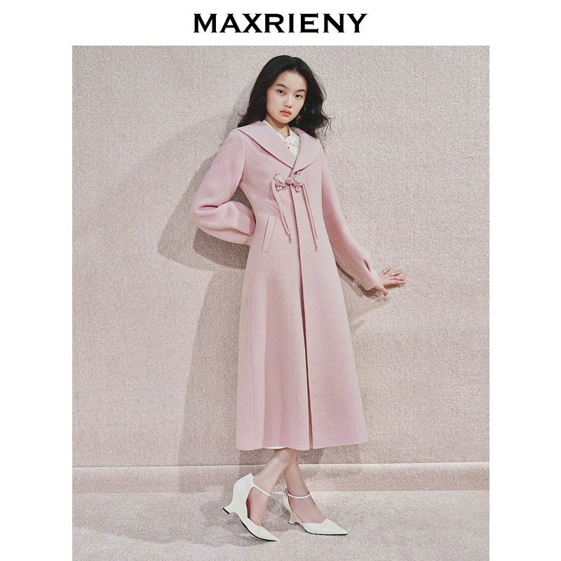 MAXRIENY【商场同款】中式雅韵复古毛呢过膝大衣2024秋冬盘扣外套女