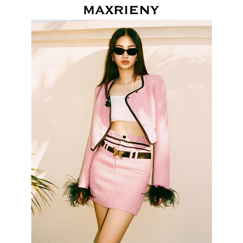 MAXRIENY名媛风千金小香风截短外套羽毛拼接外衣女