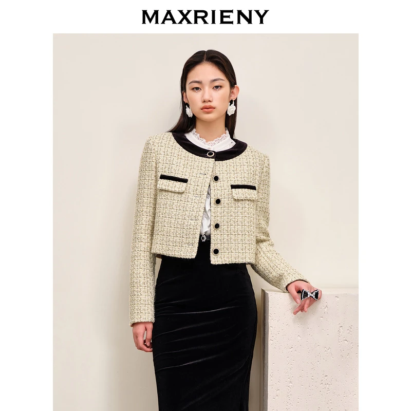 MAXRIENY长袖秋外套秋季小众轻奢粗花呢短款复古设计感法式