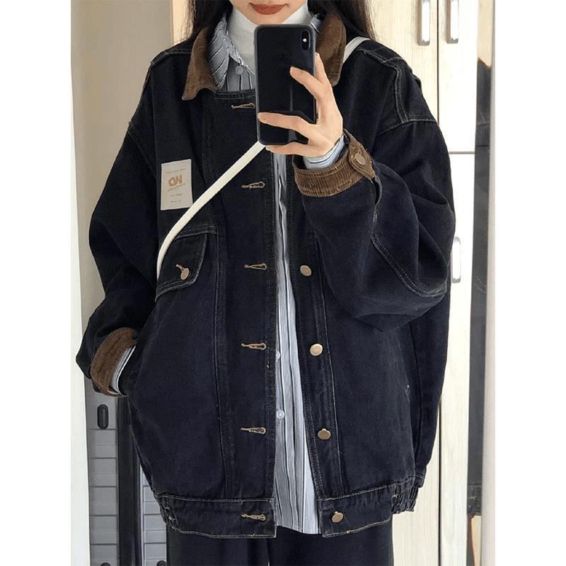 FAVMARTHA 2023春秋港风水洗黑色美式复古牛仔外套女新款设计感宽