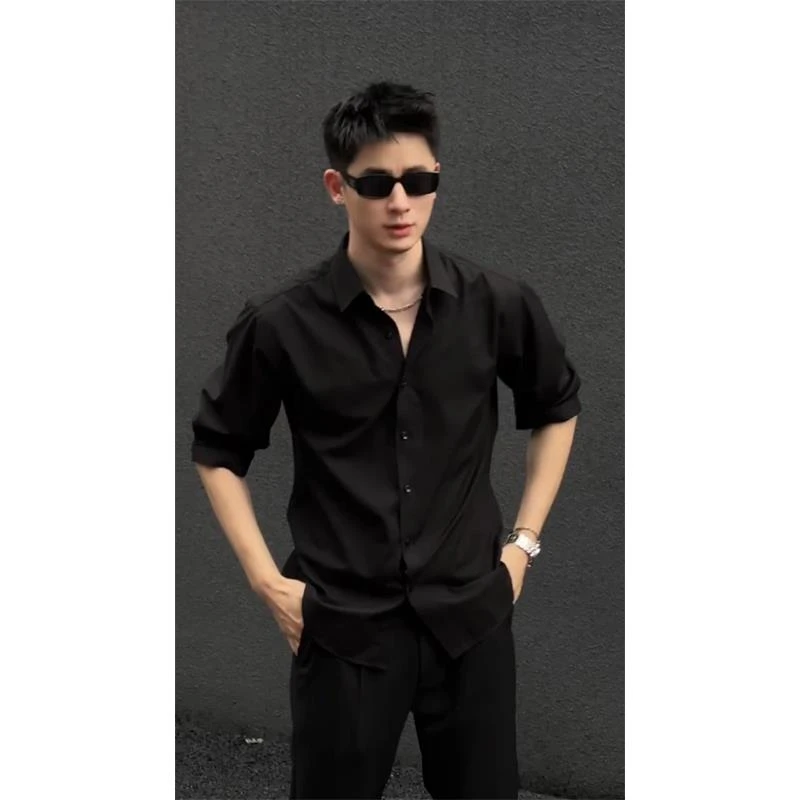 FAVMARTHA 高级感痞帅男士中袖衬衫潮牌那不勒斯黑色衬衣垂坠感冰