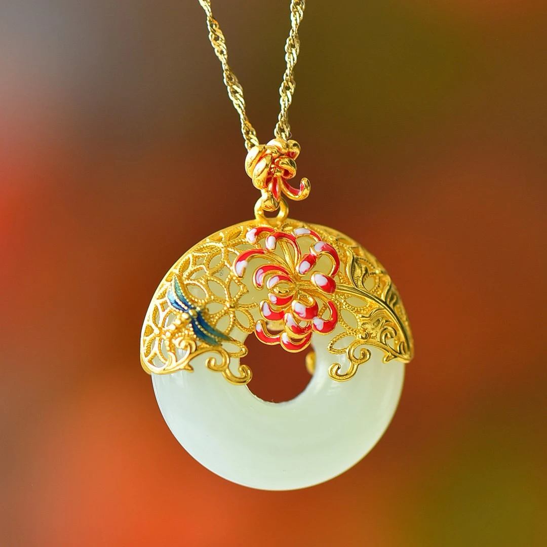 S925银镶妈妈女士和田玉牡丹花丝玉坠平安扣国潮古风女款坠链