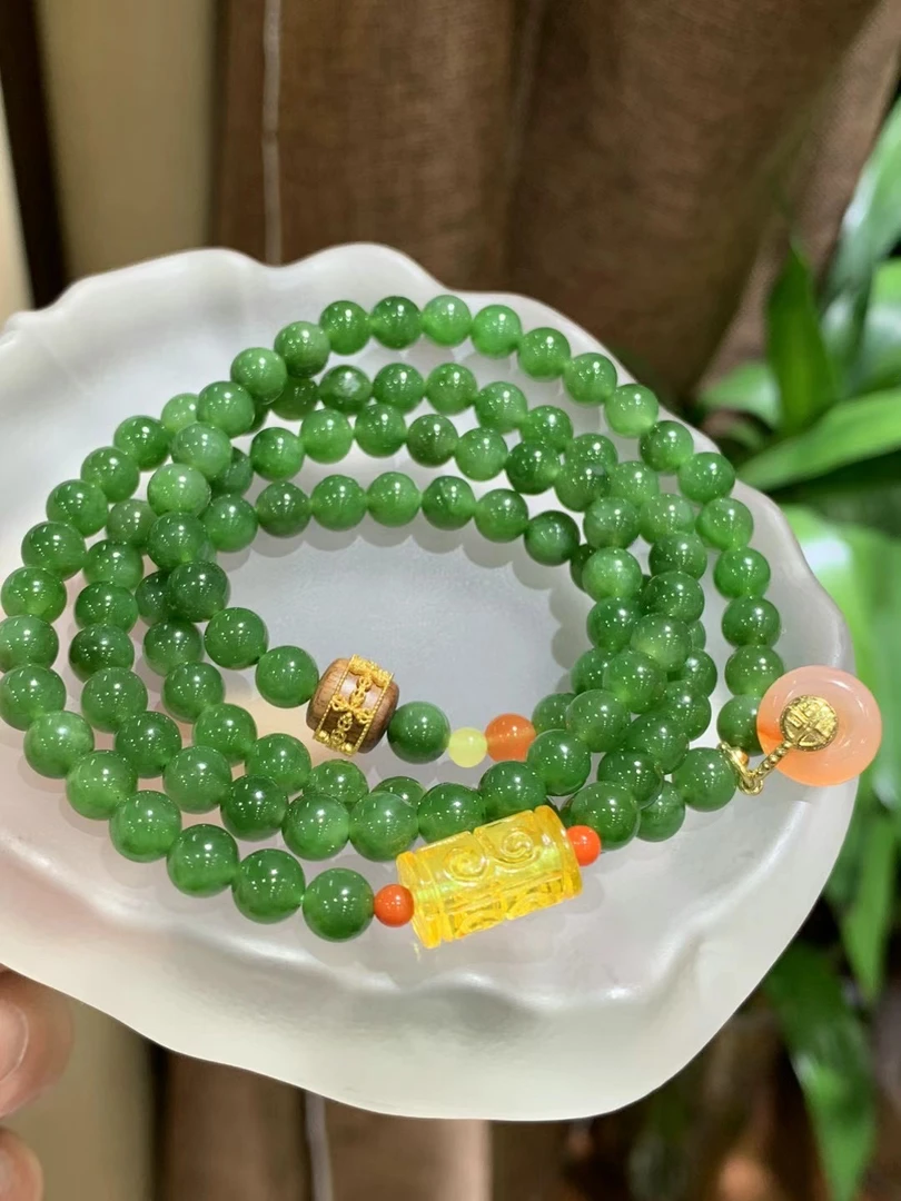 和田玉碧玉108颗手链，珠圆玉润，色泽碧绿 毛衣链手链双用款