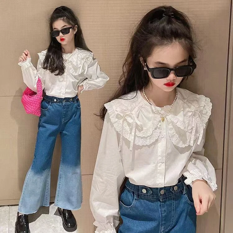 女童衬衫秋装中大童2024新款秋季洋气娃娃领长袖翻领衬衣韩版上衣