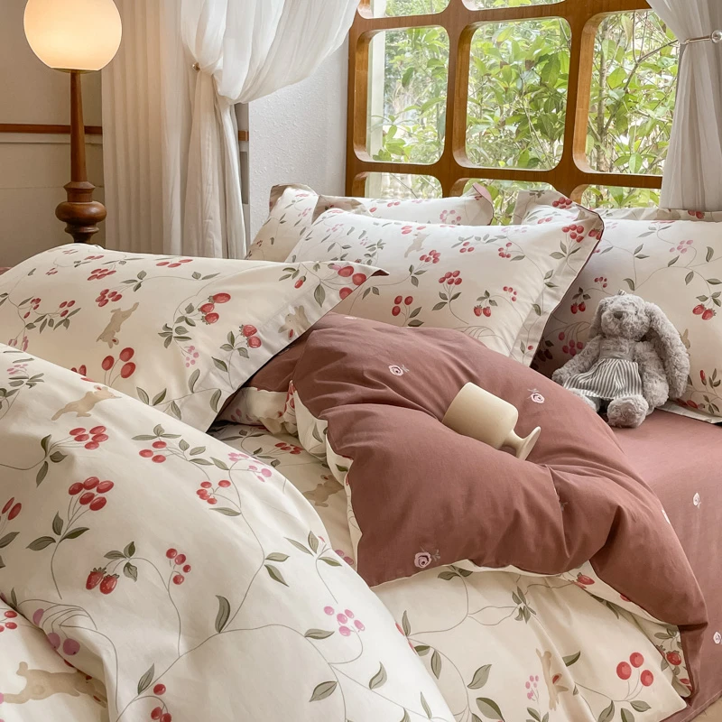 四件套全棉纯棉13372小清新床单被套ins田园风100床笠款床上用品
