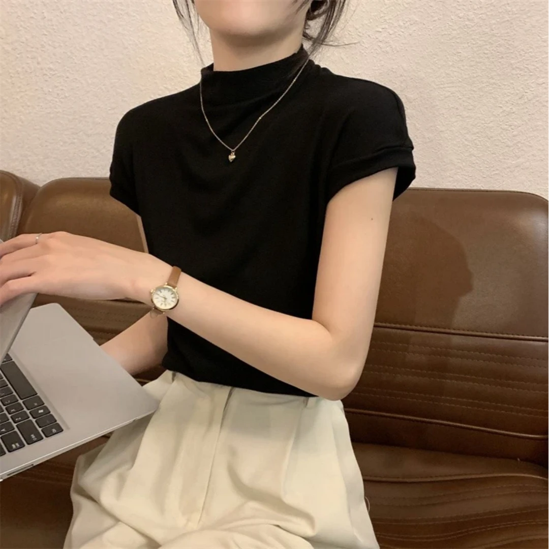 紫皇冠家/3909早秋新款糖果彩色贝壳领正肩t恤修身显瘦百搭上衣