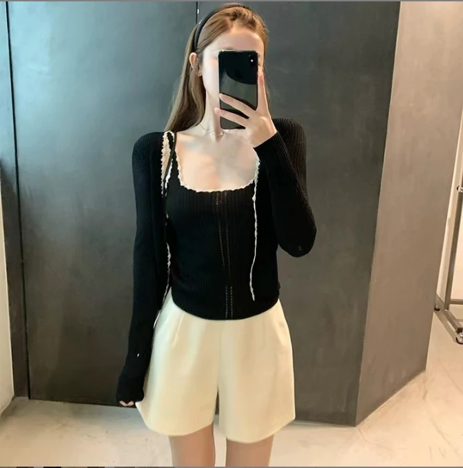 Madofit麻豆/1274 少女情诗_三色手工钩花显瘦吊带开衫两件套