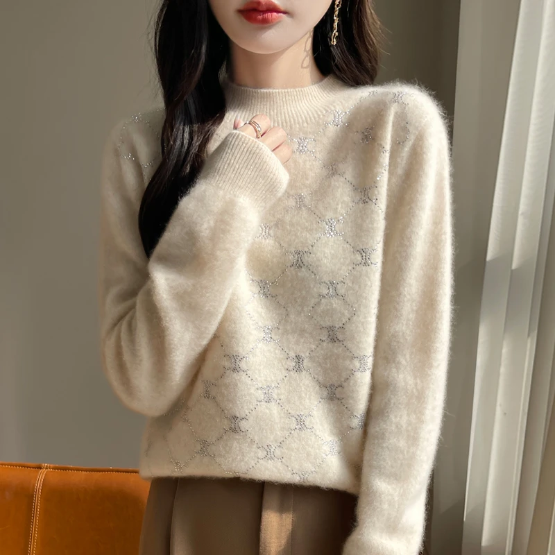 洋气百搭女士长袖针织半高领秋冬宽松加厚时尚羊毛衫提花绒衫