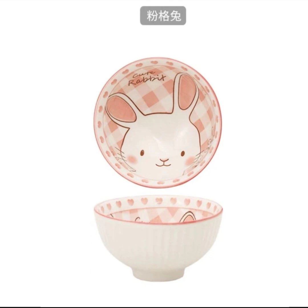 粉色小兔子卡通可爱陶瓷饭碗家用餐具小碗高颜值少女心好看碗一个约11厘米