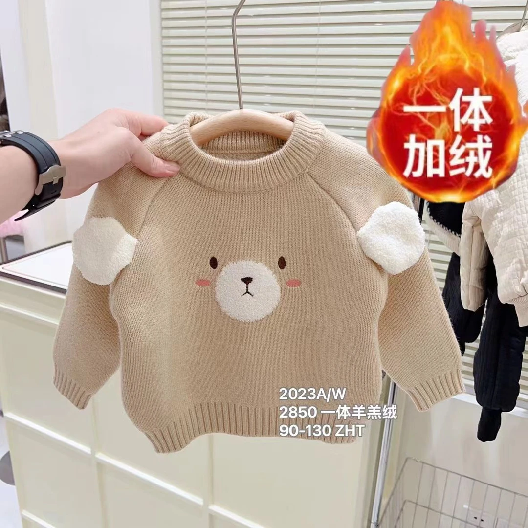 哆哆童装女童毛衣一体羊羔绒加厚套头内搭针织衫圆领上衣秋冬新款