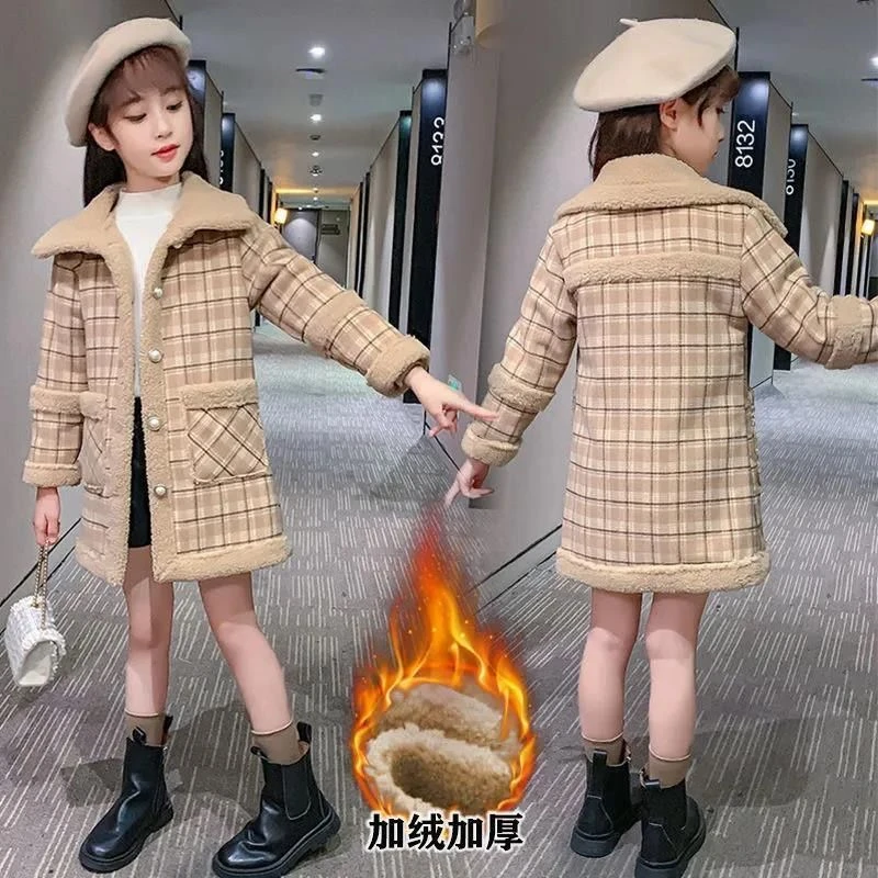 哆哆童装女童外套秋冬装中长款小女孩格子洋气加绒加厚羊羔绒中大
