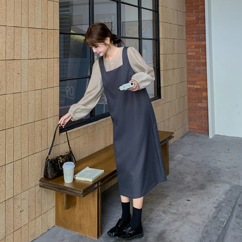 韩版宽松灰色背带裙套装女春秋2024新款休闲衬衫开叉连衣裙两件套